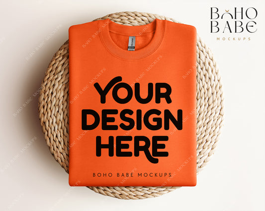 Gildan 18000 ORANGE Sweatshirt Mockup | Boho Design | Folded Vol.1