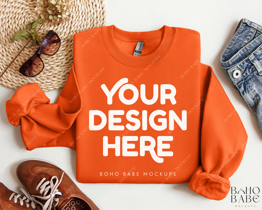 Gildan 18000 ORANGE Sweatshirt Mockup | Boho Design | Folded Vol.2