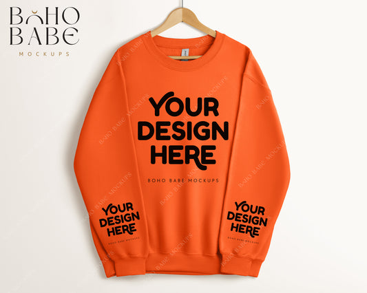 Gildan 18000 ORANGE Sleeve Sweatshirt Mockup | Boho Babe Hanging Mockup Design - Vol.5