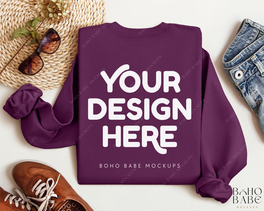 Gildan 18000 PLUM Back of Sweatshirt Mockup | Boho Babe Folded Mockup Design Vol.2