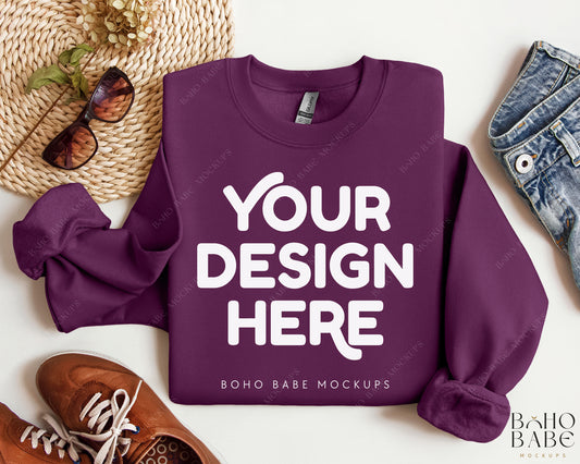Gildan 18000 PLUM Sweatshirt Mockup | Boho Design | Folded Vol.2