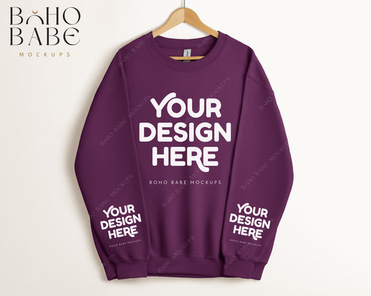 Gildan 18000 PLUM Sleeve Sweatshirt Mockup | Boho Babe Hanging Mockup Design - Vol.5