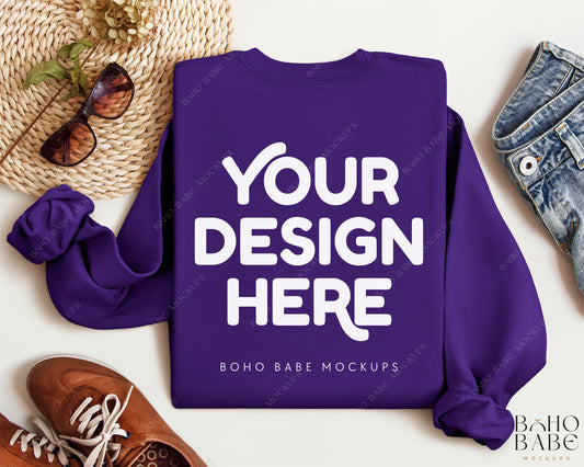 Gildan 18000 PURPLE Back of Sweatshirt Mockup | Boho Babe Folded Mockup Design Vol.2
