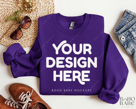 Gildan 18000 PURPLE Sweatshirt Mockup | Boho Design | Folded Vol.2
