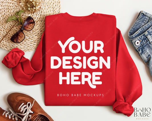 Gildan 18000 RED Back of Sweatshirt Mockup | Boho Babe Folded Mockup Design Vol.2