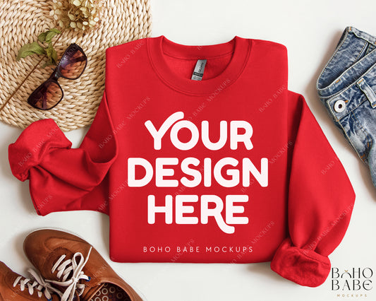 Gildan 18000 RED Sweatshirt Mockup | Boho Design | Folded Vol.2