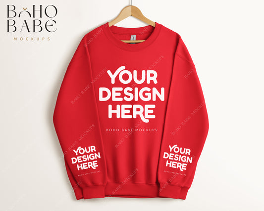 Gildan 18000 RED Sleeve Sweatshirt Mockup | Boho Babe Hanging Mockup Design - Vol.5