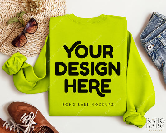 Gildan 18000 SAFETY GREEN Back of Sweatshirt Mockup | Boho Babe Folded Mockup Design Vol.2
