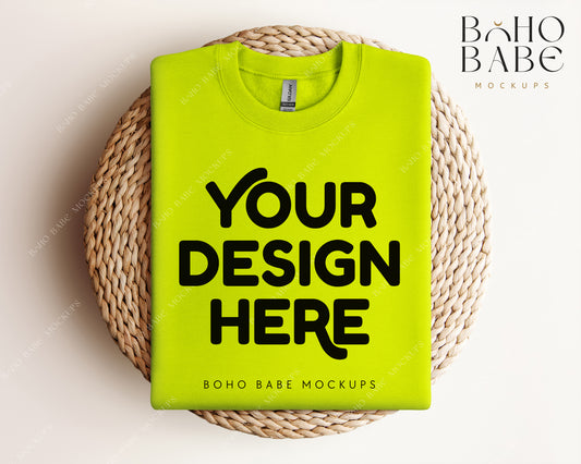 Gildan 18000 SAFETY GREEN Sweatshirt Mockup | Boho Design | Folded Vol.1