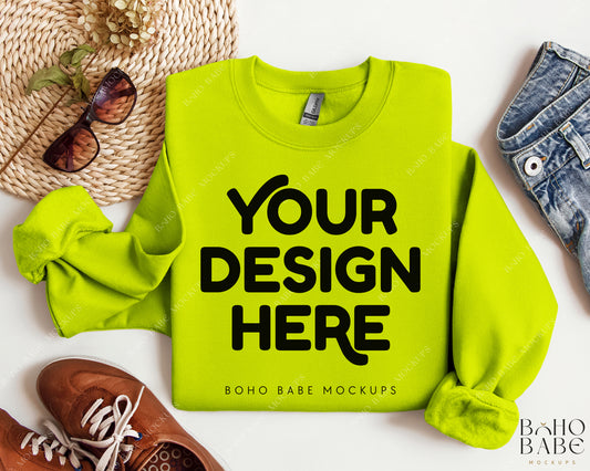 Gildan 18000 SAFETY GREEN Sweatshirt Mockup | Boho Design | Folded Vol.2