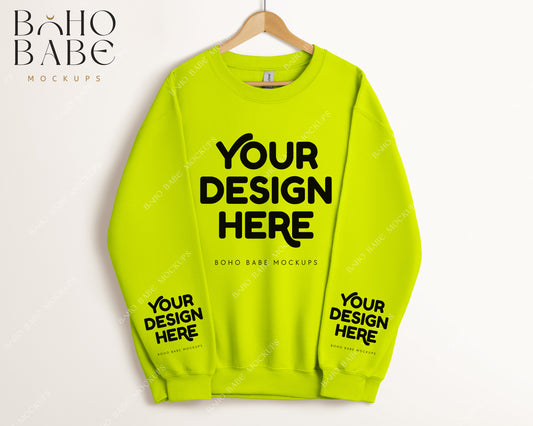 Gildan 18000 SAFETY GREEN Sleeve Sweatshirt Mockup | Boho Babe Hanging Mockup Design - Vol.5