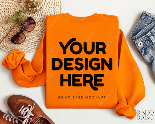 Gildan 18000 SAFETY ORANGE Back of Sweatshirt Mockup | Boho Babe Folded Mockup Design Vol.2