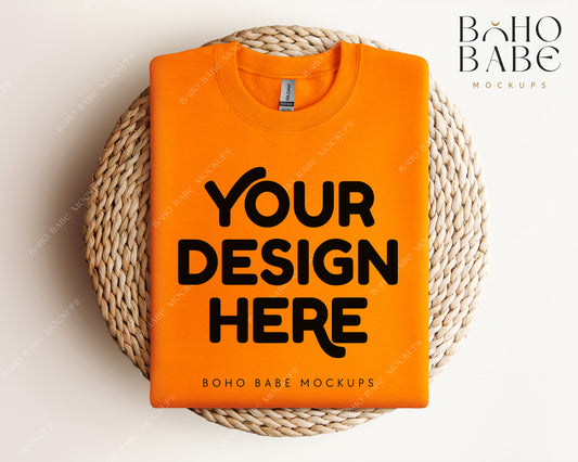 Gildan 18000 SAFETY ORANGE Sweatshirt Mockup | Boho Design | Folded Vol.1