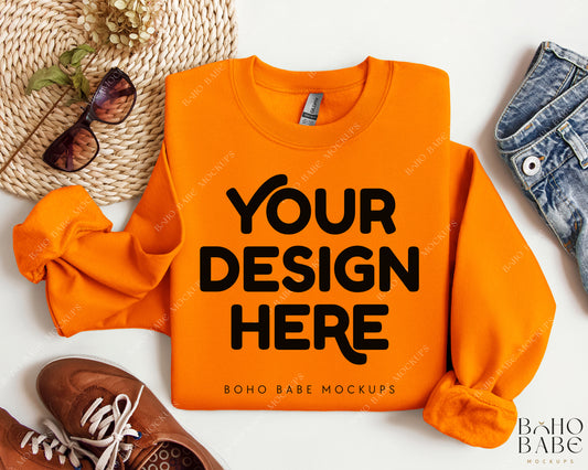 Gildan 18000 SAFETY ORANGE Sweatshirt Mockup | Boho Design | Folded Vol.2