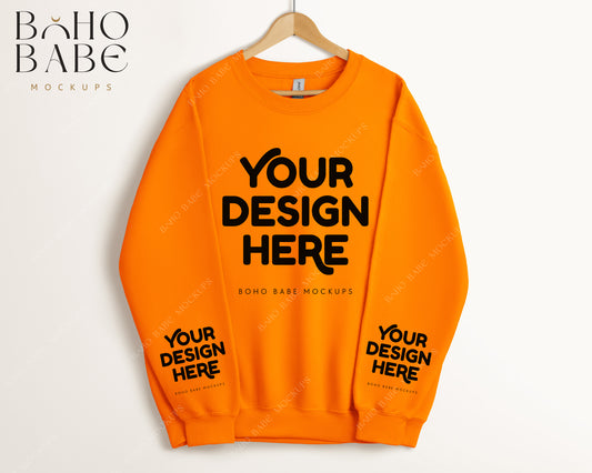 Gildan 18000 SAFETY ORANGE Sleeve Sweatshirt Mockup | Boho Babe Hanging Mockup Design - Vol.5