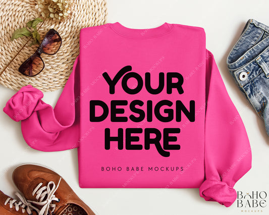 Gildan 18000 SAFETY PINK Back of Sweatshirt Mockup | Boho Babe Folded Mockup Design Vol.2