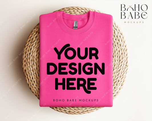 Gildan 18000 SAFETY PINK Sweatshirt Mockup | Boho Design | Folded Vol.1