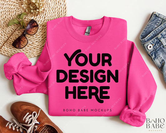 Gildan 18000 SAFETY PINK Sweatshirt Mockup | Boho Design | Folded Vol.2