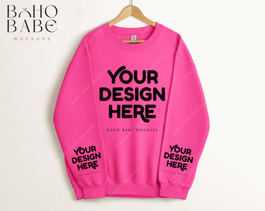 Gildan 18000 SAFETY PINK Sleeve Sweatshirt Mockup | Boho Babe Hanging Mockup Design - Vol.5
