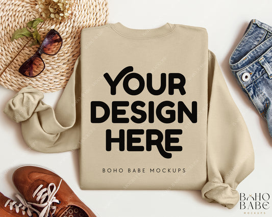 Gildan 18000 SAND Back of Sweatshirt Mockup | Boho Babe Folded Mockup Design Vol.2