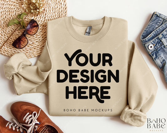 Gildan 18000 SAND Sweatshirt Mockup | Boho Design | Folded Vol.2