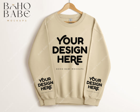 Gildan 18000 SAND Sleeve Sweatshirt Mockup | Boho Babe Hanging Mockup Design - Vol.5