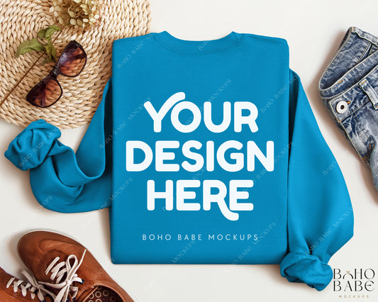 Gildan 18000 SAPPHIRE Back of Sweatshirt Mockup | Boho Babe Folded Mockup Design Vol.2