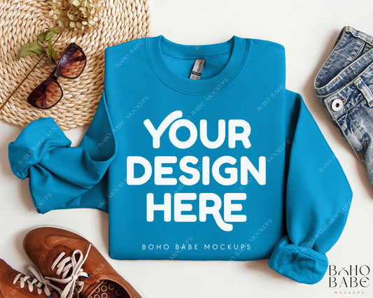 Gildan 18000 SAPPHIRE Sweatshirt Mockup | Boho Design | Folded Vol.2
