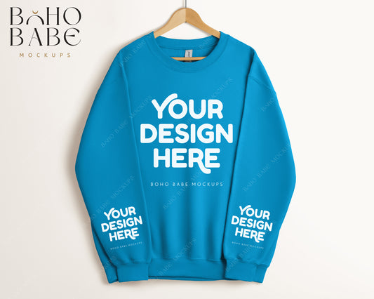 Gildan 18000 SAPPHIRE Sleeve Sweatshirt Mockup | Boho Babe Hanging Mockup Design - Vol.5