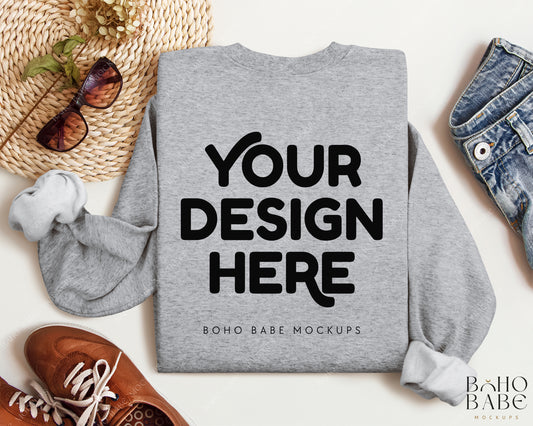 Gildan 18000 SPORT GREY Back of Sweatshirt Mockup | Boho Babe Folded Mockup Design Vol.2