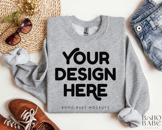 Gildan 18000 SPORT GREY Sweatshirt Mockup | Boho Design | Folded Vol.2