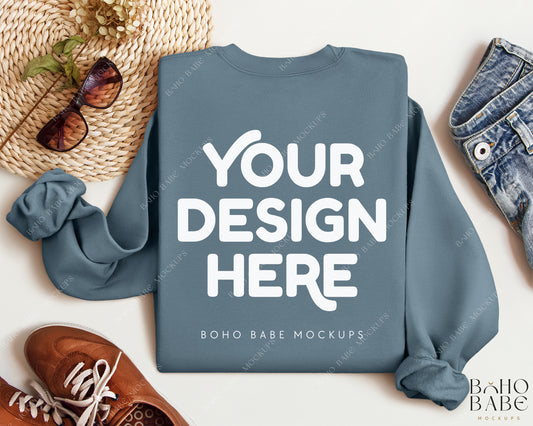 Gildan 18000 STONE BLUE Back of Sweatshirt Mockup | Boho Babe Folded Mockup Design Vol.2
