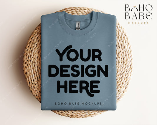Gildan 18000 STONE BLUE Sweatshirt Mockup | Boho Design | Folded Vol.1