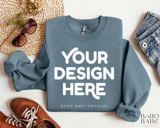 Gildan 18000 STONE BLUE Sweatshirt Mockup | Boho Design | Folded Vol.2