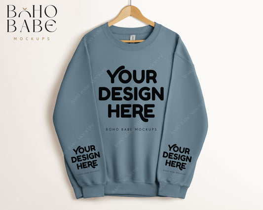 Gildan 18000 STONE BLUE Sleeve Sweatshirt Mockup | Boho Babe Hanging Mockup Design - Vol.5