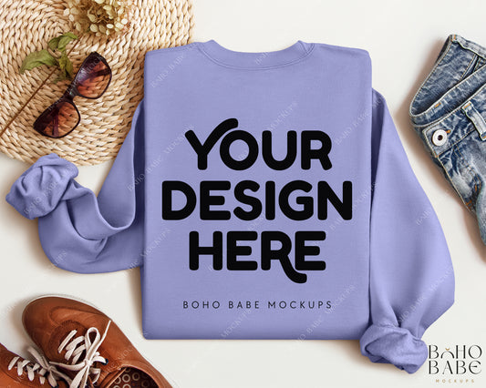 Gildan 18000 VIOLET Back of Sweatshirt Mockup | Boho Babe Folded Mockup Design Vol.2