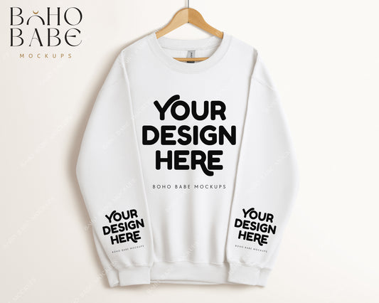 Gildan 18000 WHITE Sleeve Sweatshirt Mockup | Boho Babe Hanging Mockup Design - Vol.5