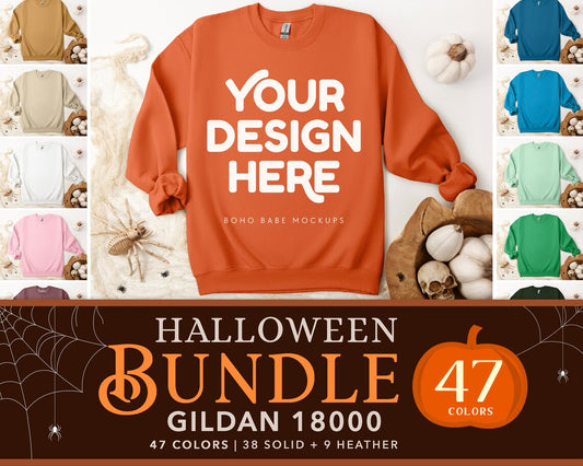 Gildan 18000 Halloween Sweatshirt Mockup Bundle | Boho Babe Flatlay Mockups - Vol.3