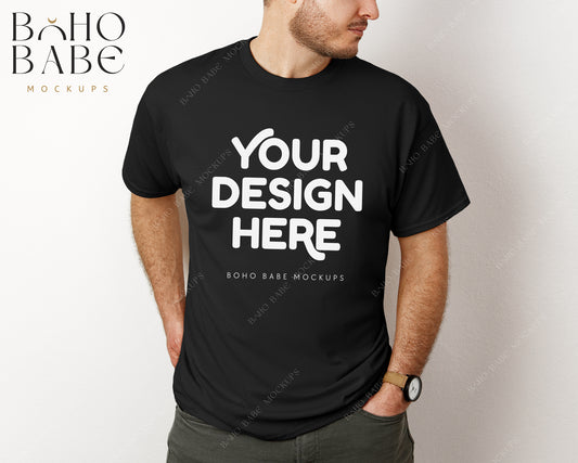 Gildan 5000 BLACK Male Model Mockup | Boho Babe Model Shirt Mockup Design Vol.3