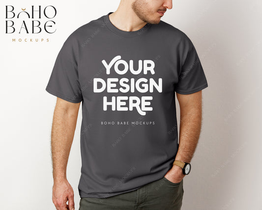 Gildan 5000 CHARCOAL Male Model Mockup | Boho Babe Model Shirt Mockup Design Vol.3