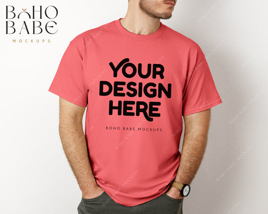 Gildan 5000 CORAL SILK Male Model Mockup | Boho Babe Model Shirt Mockup Design Vol.3