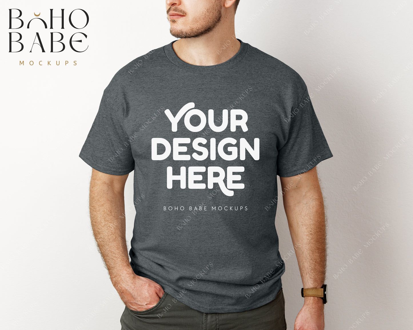 Gildan 5000 DARK HEATHER Male Model Mockup | Boho Babe Model Shirt Mockup Design Vol.3