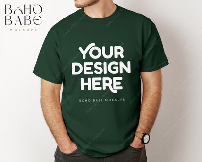 Gildan 5000 FOREST GREEN Male Model Mockup | Boho Babe Model Shirt Mockup Design Vol.3