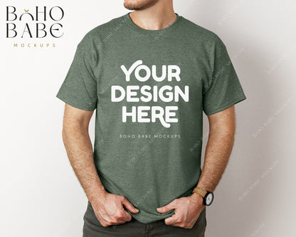 Gildan 5000 HEATHER MILITARY GREEN Male Model Mockup | Boho Babe Model Shirt Mockup Design Vol.3