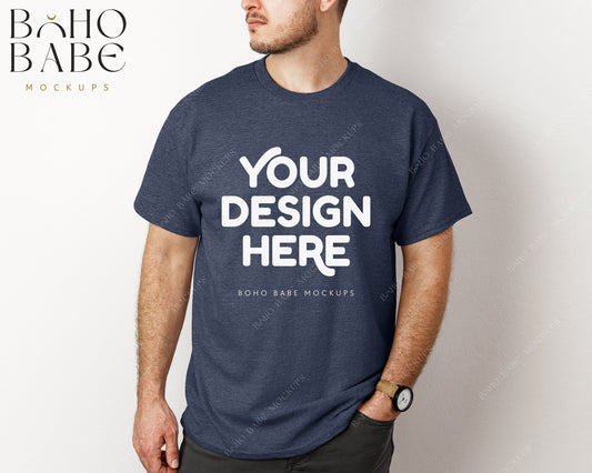 Gildan 5000 HEATHER NAVY Male Model Mockup | Boho Babe Model Shirt Mockup Design Vol.3