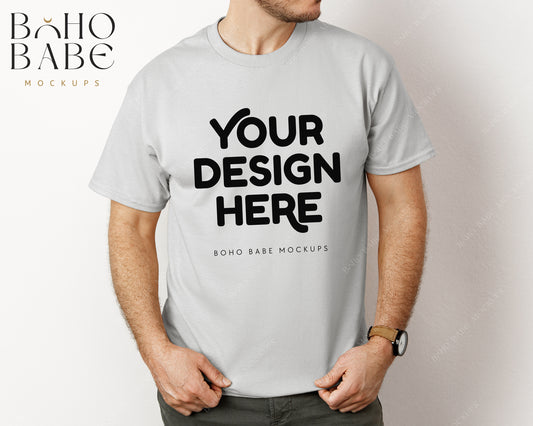 Gildan 5000 ICE GREY Male Model Mockup | Boho Babe Model Shirt Mockup Design Vol.3