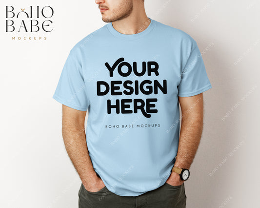 Gildan 5000 LIGHT BLUE Male Model Mockup | Boho Babe Model Shirt Mockup Design Vol.3