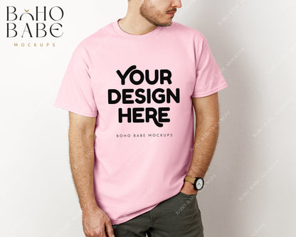 Gildan 5000 LIGHT PINK Male Model Mockup | Boho Babe Model Shirt Mockup Design Vol.3