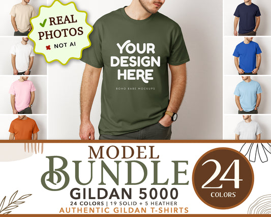 Gildan 5000 Male Model Mockup Bundle | Boho Babe T-shirt Mockup Design - Vol.3