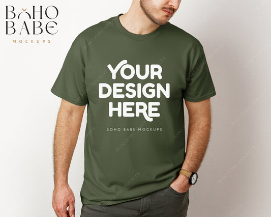 Gildan 5000 MILITARY GREEN Male Model Mockup | Boho Babe Model Shirt Mockup Design Vol.3